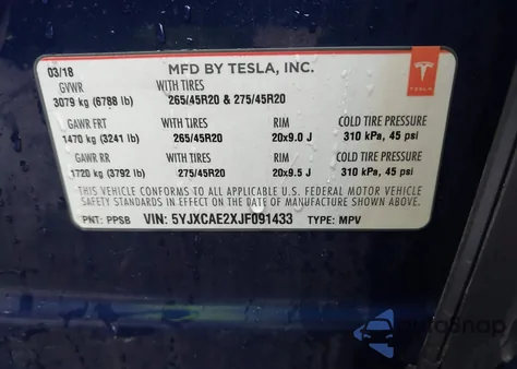 2018 Tesla Model X 100D/75D/P100D z USA, uszkodzony, nr VIN 5YJXCAE2XJF091433